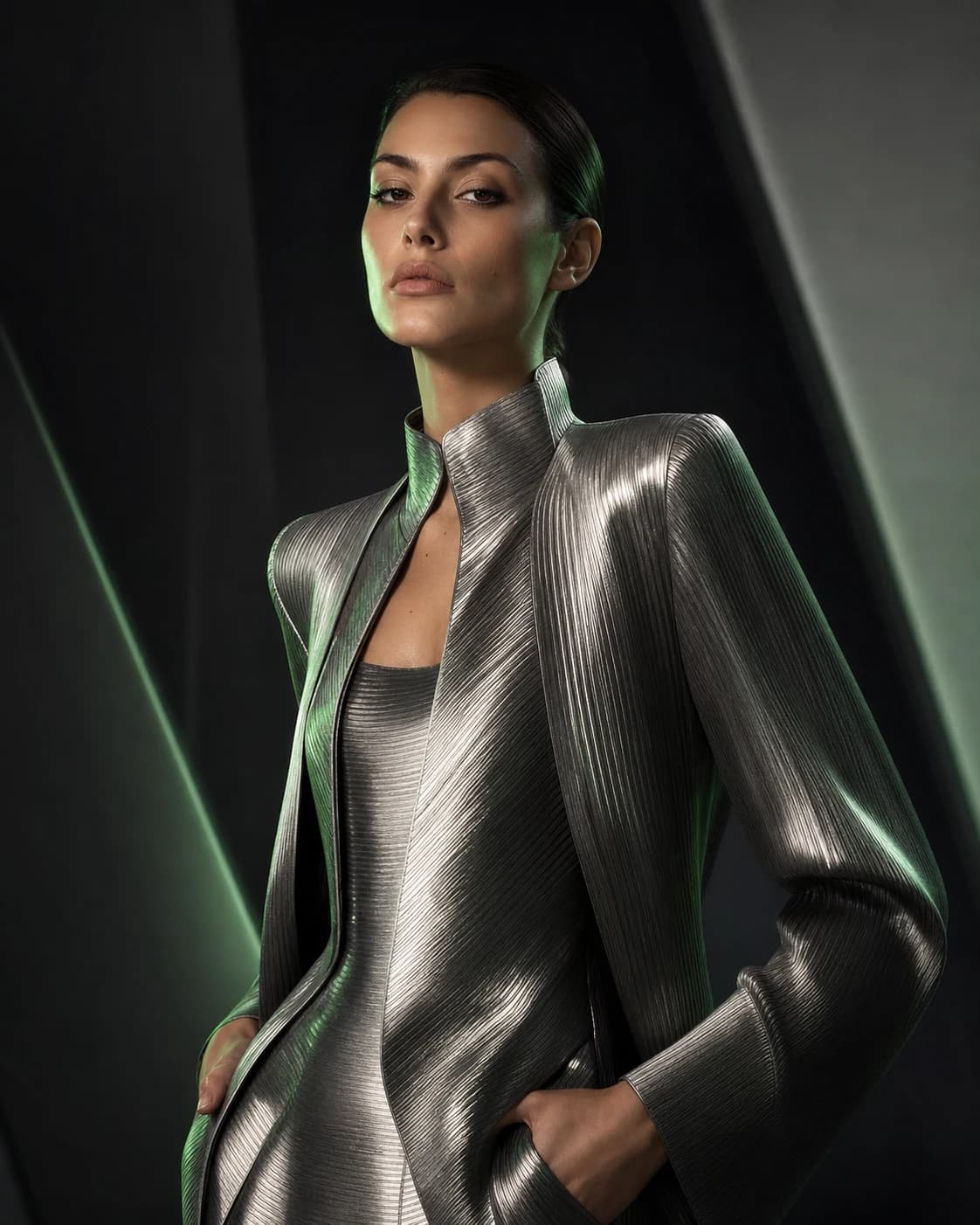 Editorial fashion portrait with sculptural metallic clothing
