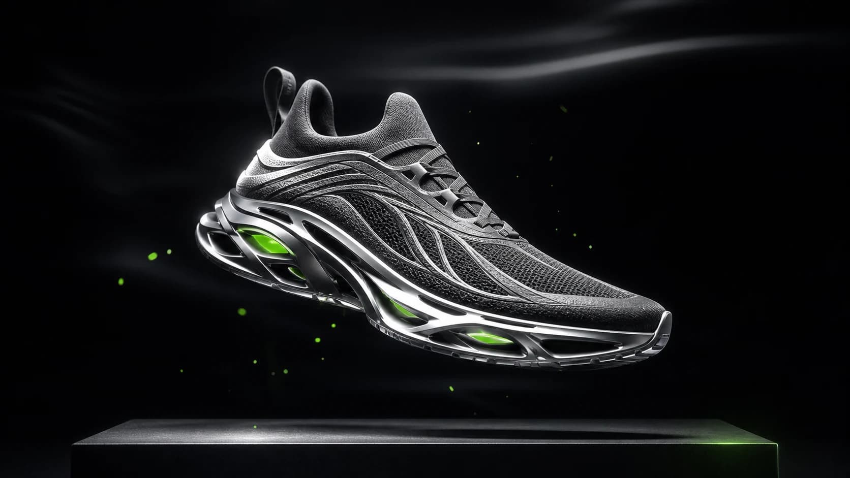 Original futuristic performance sneaker in a dark commercial studio