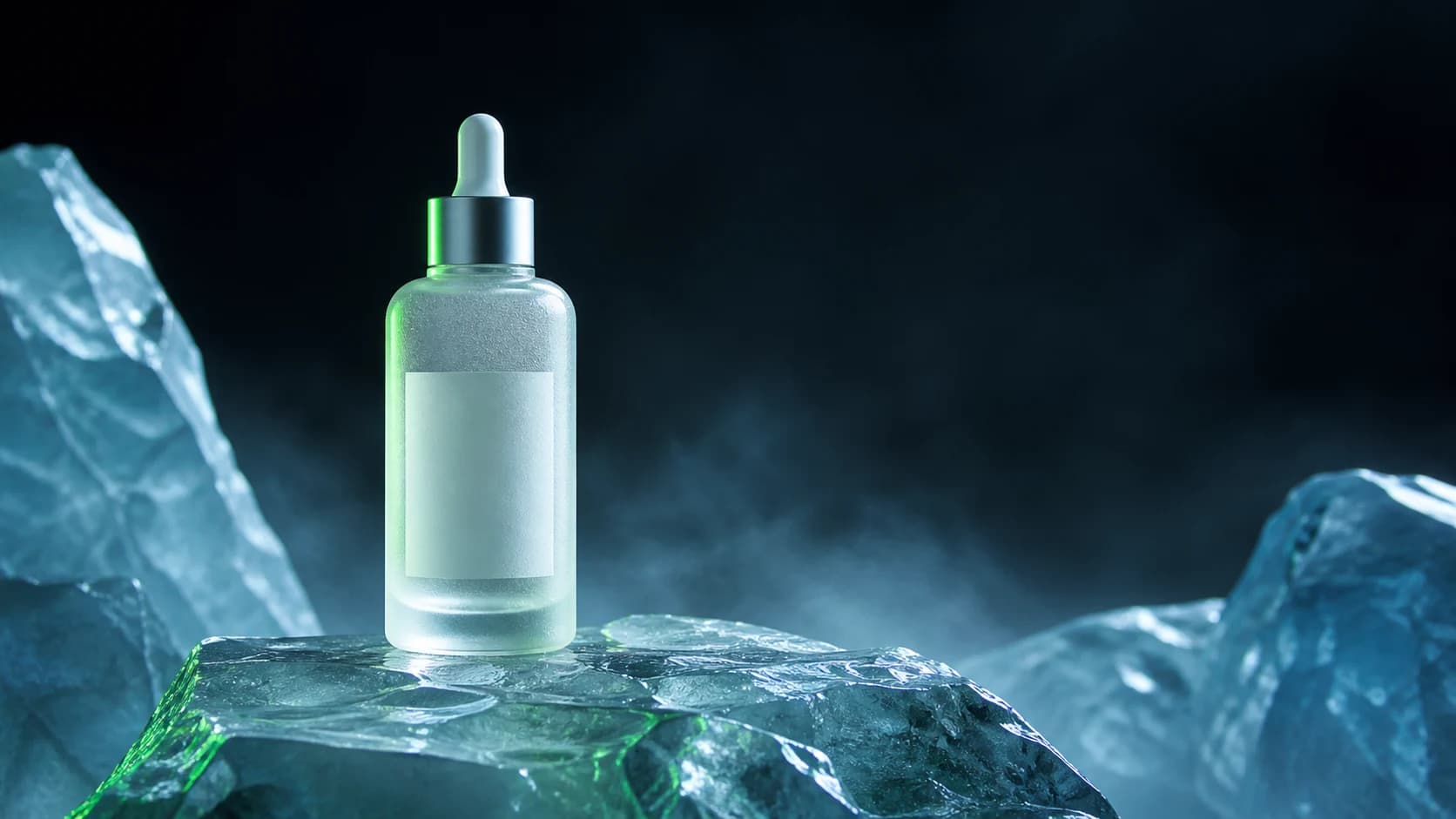 Unbranded luxury serum bottle standing on translucent alpine ice